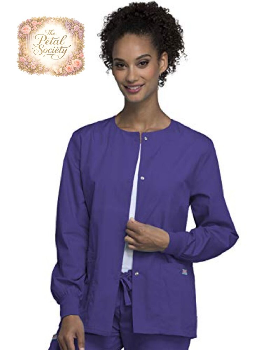 Women's Snap Front Scrub Jacket Round Neck 3 Pockets Medical Workwear